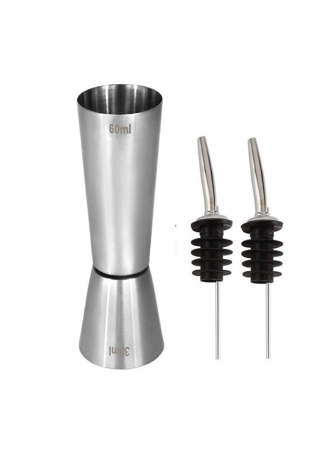 ServEzee Double Side Stainless Steel Peg Measure 30 and 60 ml, Drink Measuring Bar Tool Jigger with 2 Bottle Pourer : 3PCS - Image 1